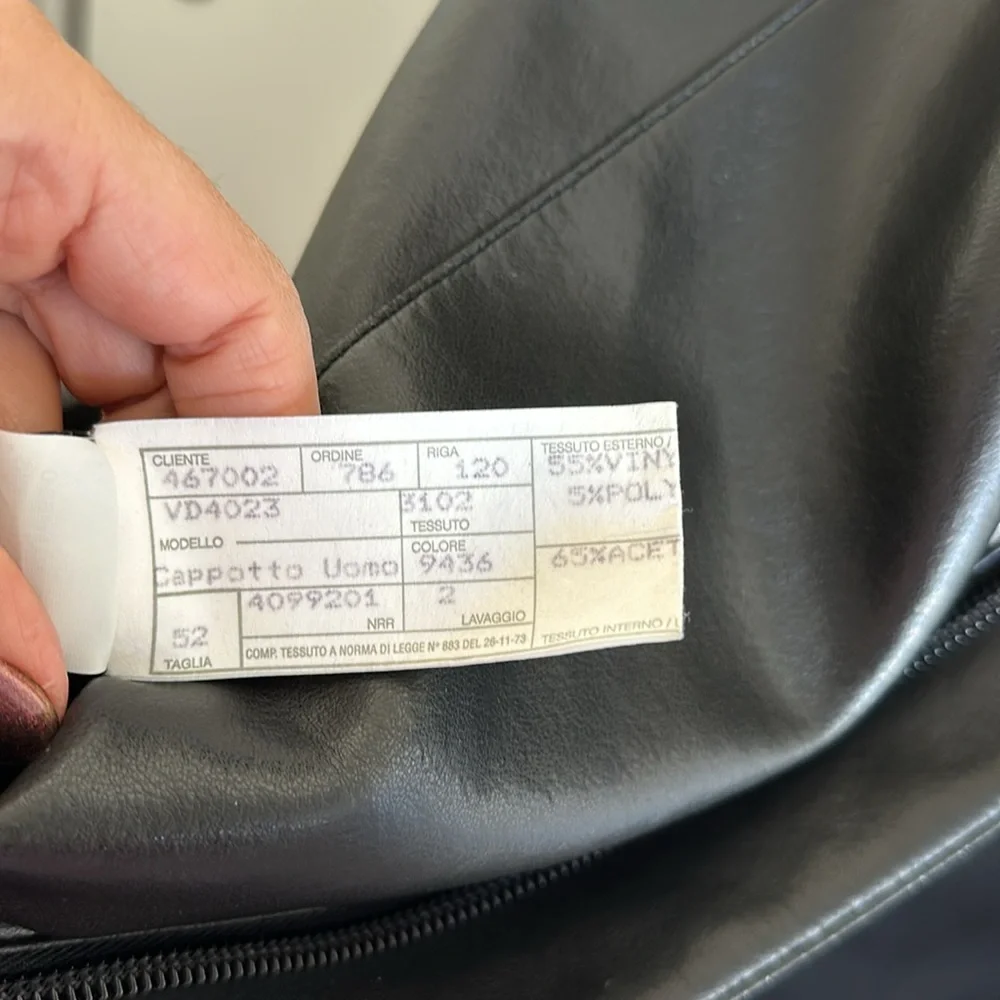 Emporio Armani Black Faux Leather Coat Zipper Front Size 52 Italian - Picture 8 of 14